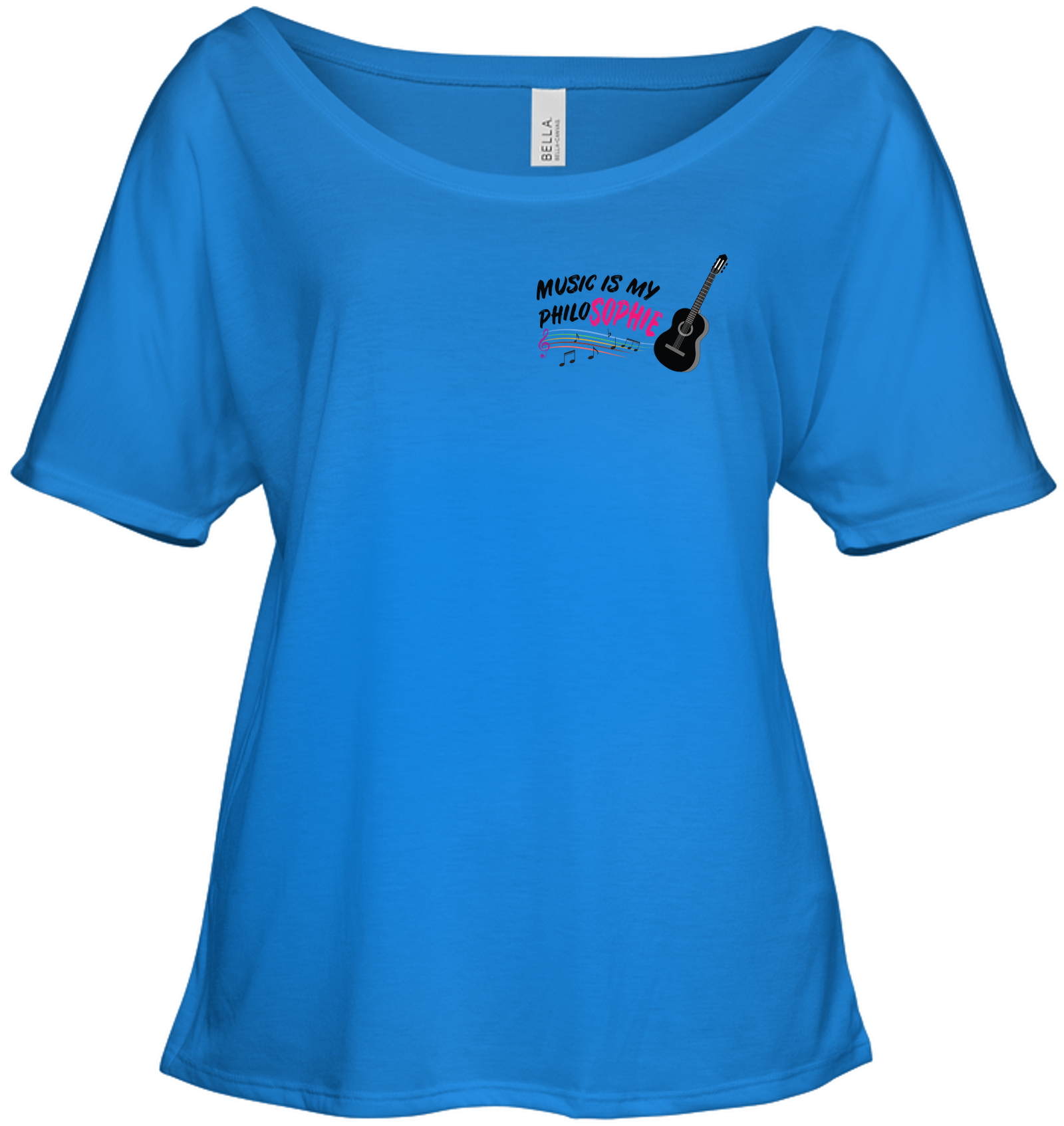 Music is my Philo-Sophie Colorful + Guitar (Pocket Size) - Bella + Canvas Women's Slouchy Tee
