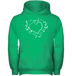 Floating Notes Heart White - Gildan Youth Heavyweight Pullover Hoodie