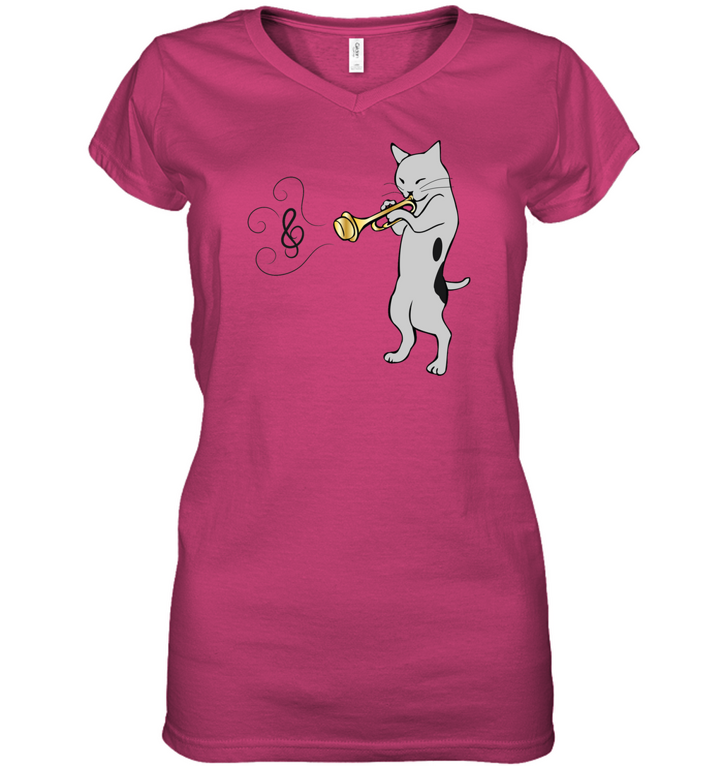 Cat with Trumpet - Hanes Women's Nano-T® V-Neck T-Shirt