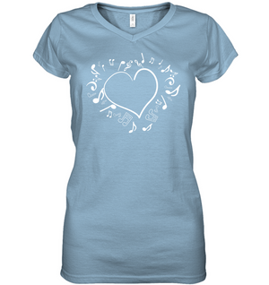 Floating Notes Heart White - Hanes Women's Nano-T® V-Neck T-Shirt