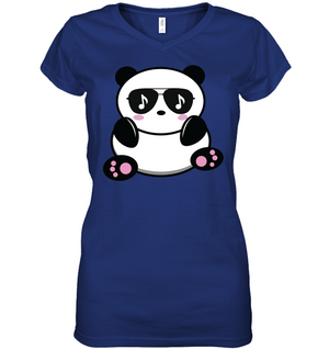 Cool Music Loving Panda feeling the beat - Hanes Women's Nano-T® V-Neck T-Shirt