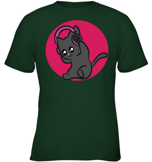 Cat with Headphone - Gildan Youth Short Sleeve T-Shirt