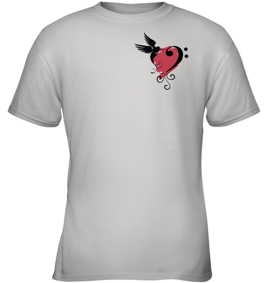 Bird and Musical Heart Red (Pocket Size)  -  Gildan Youth Short Sleeve T-Shirt