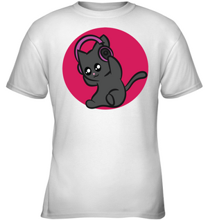 Cat with Headphone - Gildan Youth Short Sleeve T-Shirt