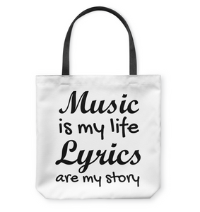 Music is my life Lyrics are my story - Basketweave Tote Bag