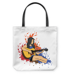 Girl Playing Guitar Splash - Basketweave Tote Bag