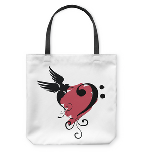Bird and Musical Heart Red - Basketweave Tote Bag