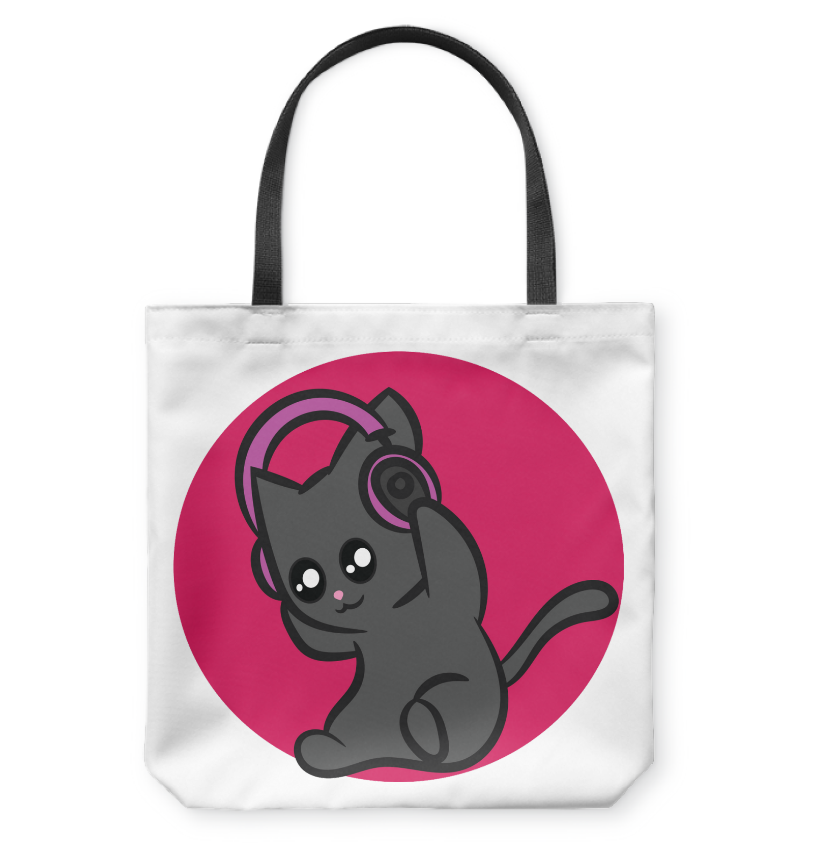 Cat with Headphone - Basketweave Tote Bag